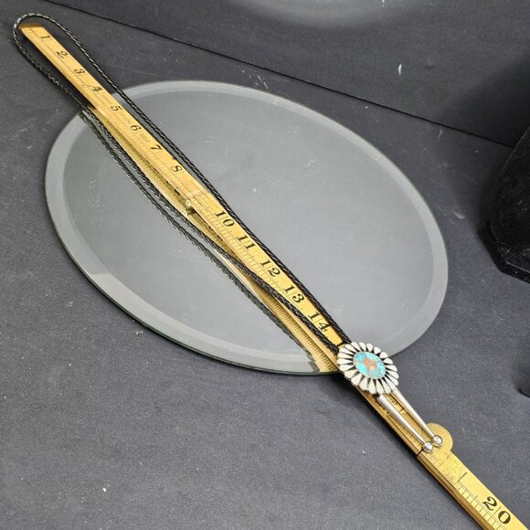 Zuni Sunface Inlay Turquoise Mother of PearlBolo Tie With Sterling Silver Tips - Picture 8 of 10